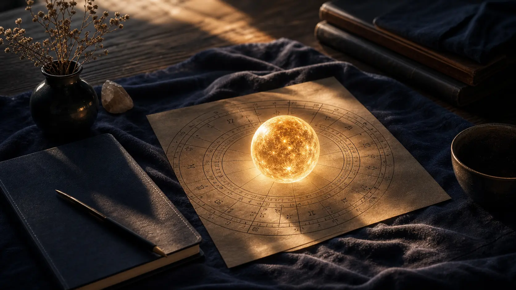 Disco solar sobre carta astral y cuaderno, en tonos índigo y luz suave