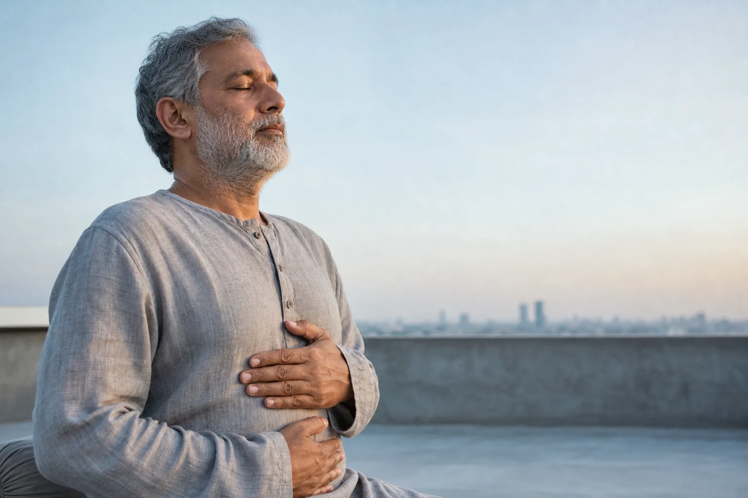 Hombre mayor respirando con serenidad al amanecer y apoyando las manos sobre pecho y abdomen