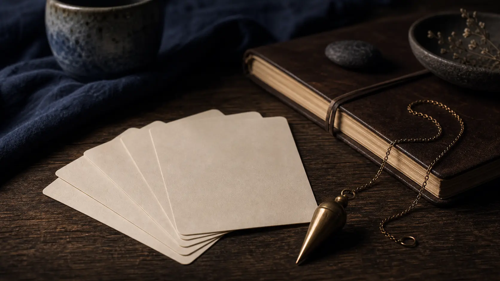 Péndulo sobre una mesa con cuaderno y sombras suaves, sin texto ni símbolos