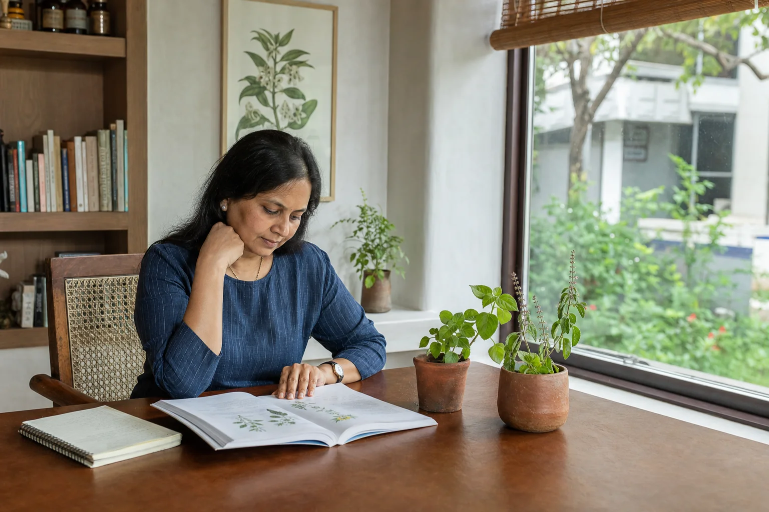 Investigadora india estudiando plantas y textos de Ayurveda en un espacio contemporáneo luminoso