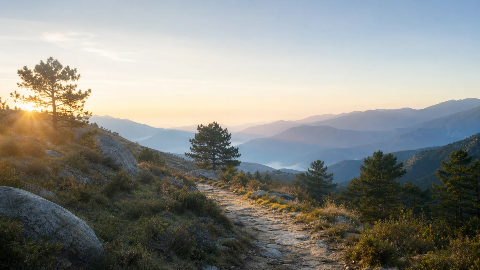 Sendero de montaña al amanecer, una imagen contemplativa de atención y camino