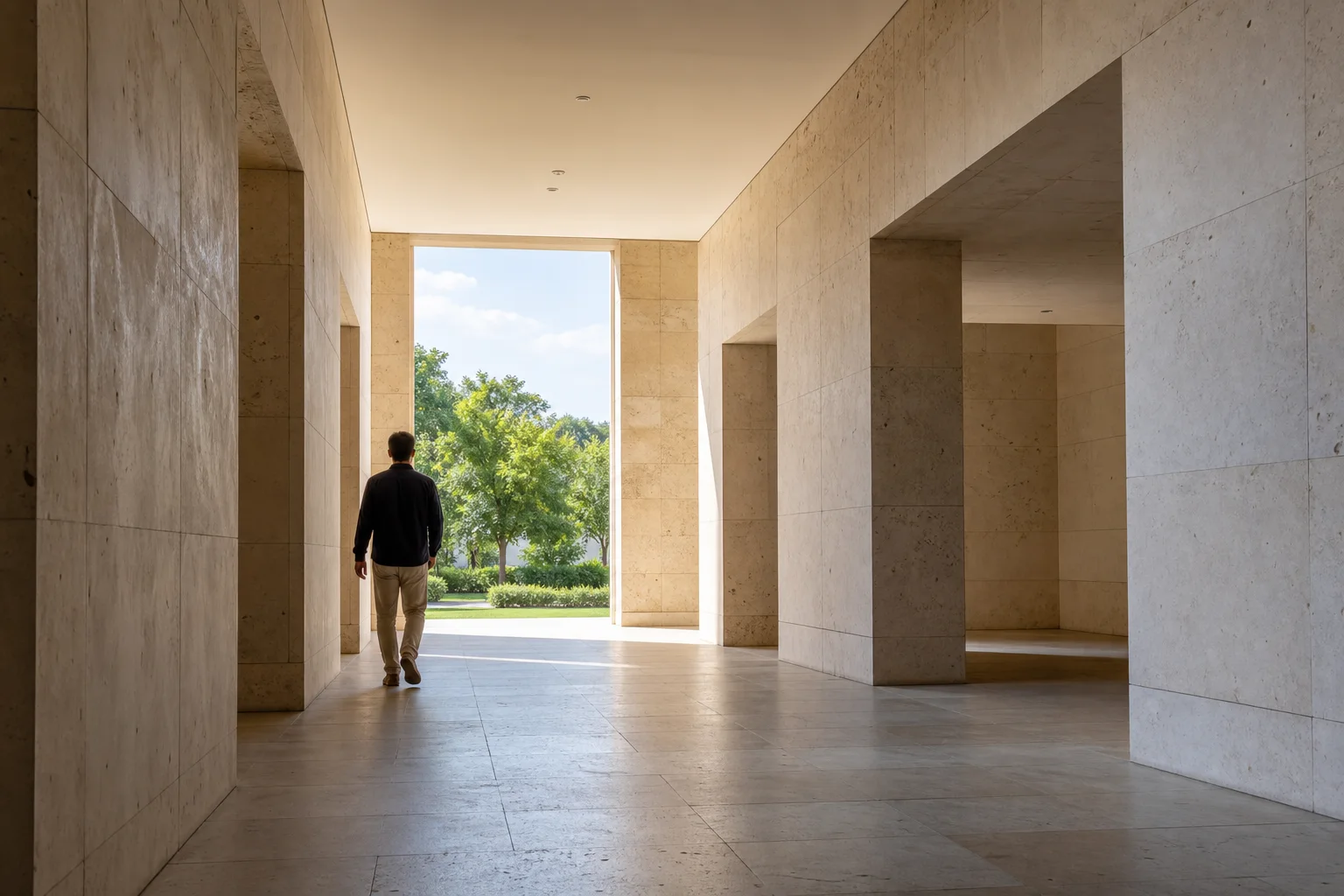 Persona caminando por un espacio arquitectónico de piedra hacia un jardín iluminado por luz natural