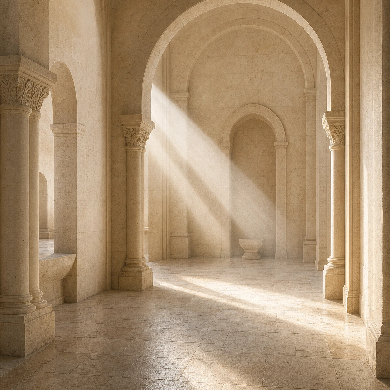 Luz entrando en una arquitectura antigua sobria, como metáfora de búsqueda interior en el gnosticismo