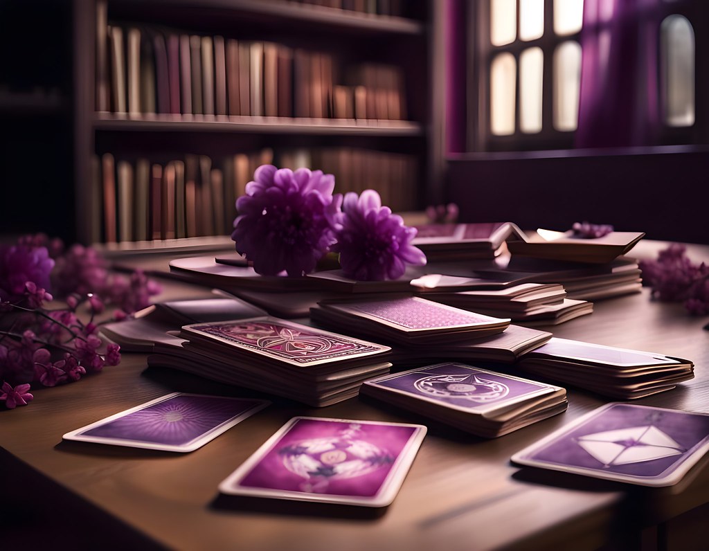 Cartas de tarot dispuestas sobre una mesa de madera, con flores moradas al fondo