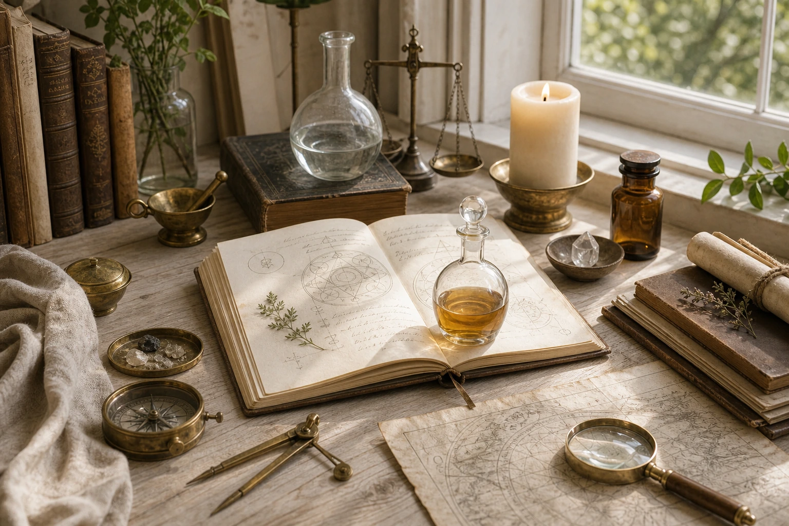 Manuscritos antiguos, vidrio soplado y una luz dorada sobre una mesa de estudio alquímico sobria