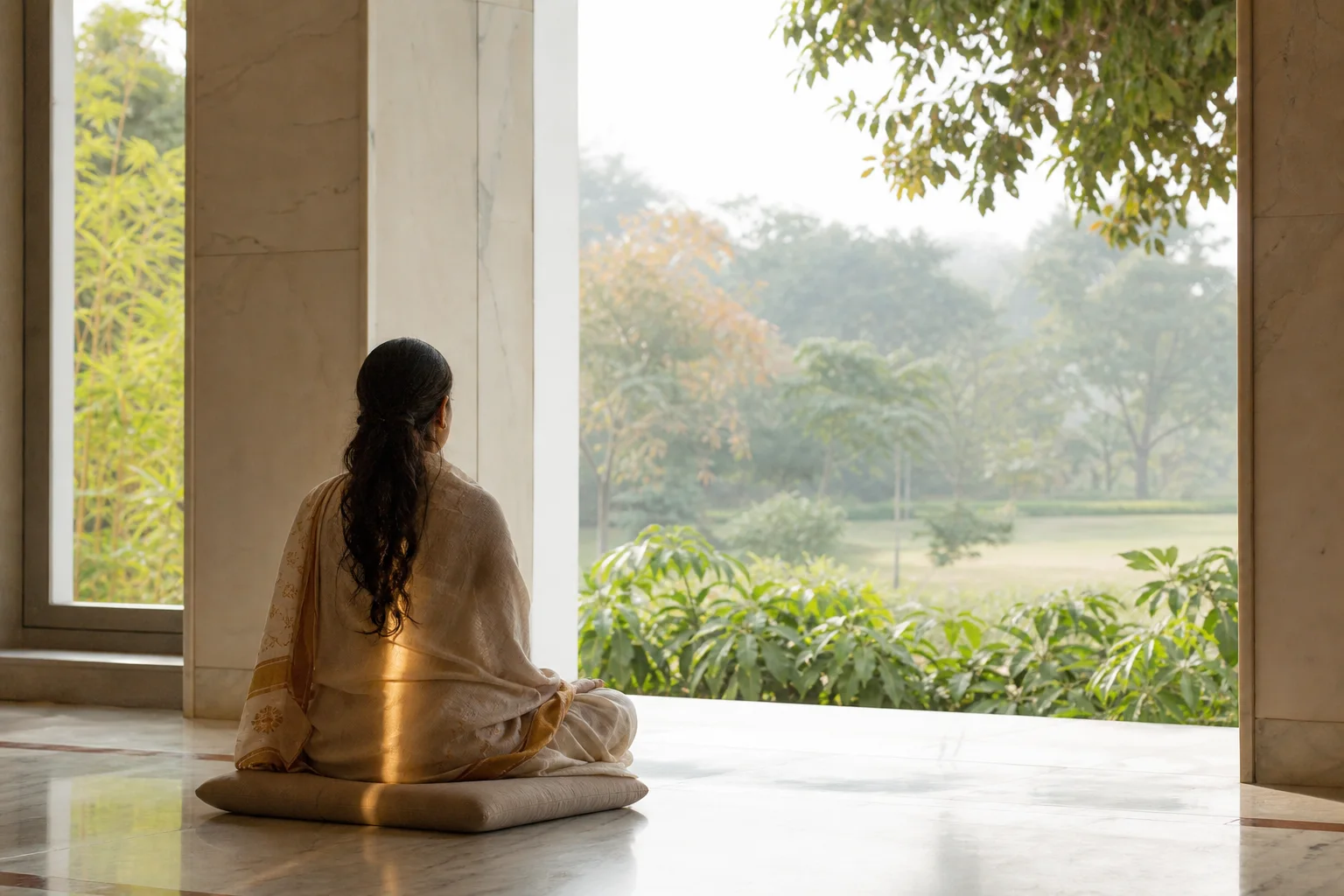 Mujer india meditando de espaldas con un reflejo dorado sutil sobre la tela en un pabellón luminoso