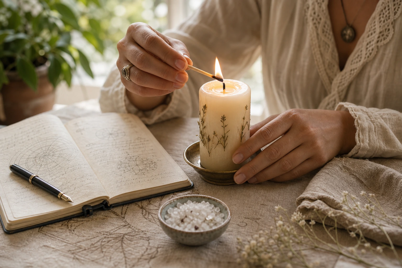 Mesa ritual luminosa con vela, grimorio y símbolos discretos sobre tela oscura elegante