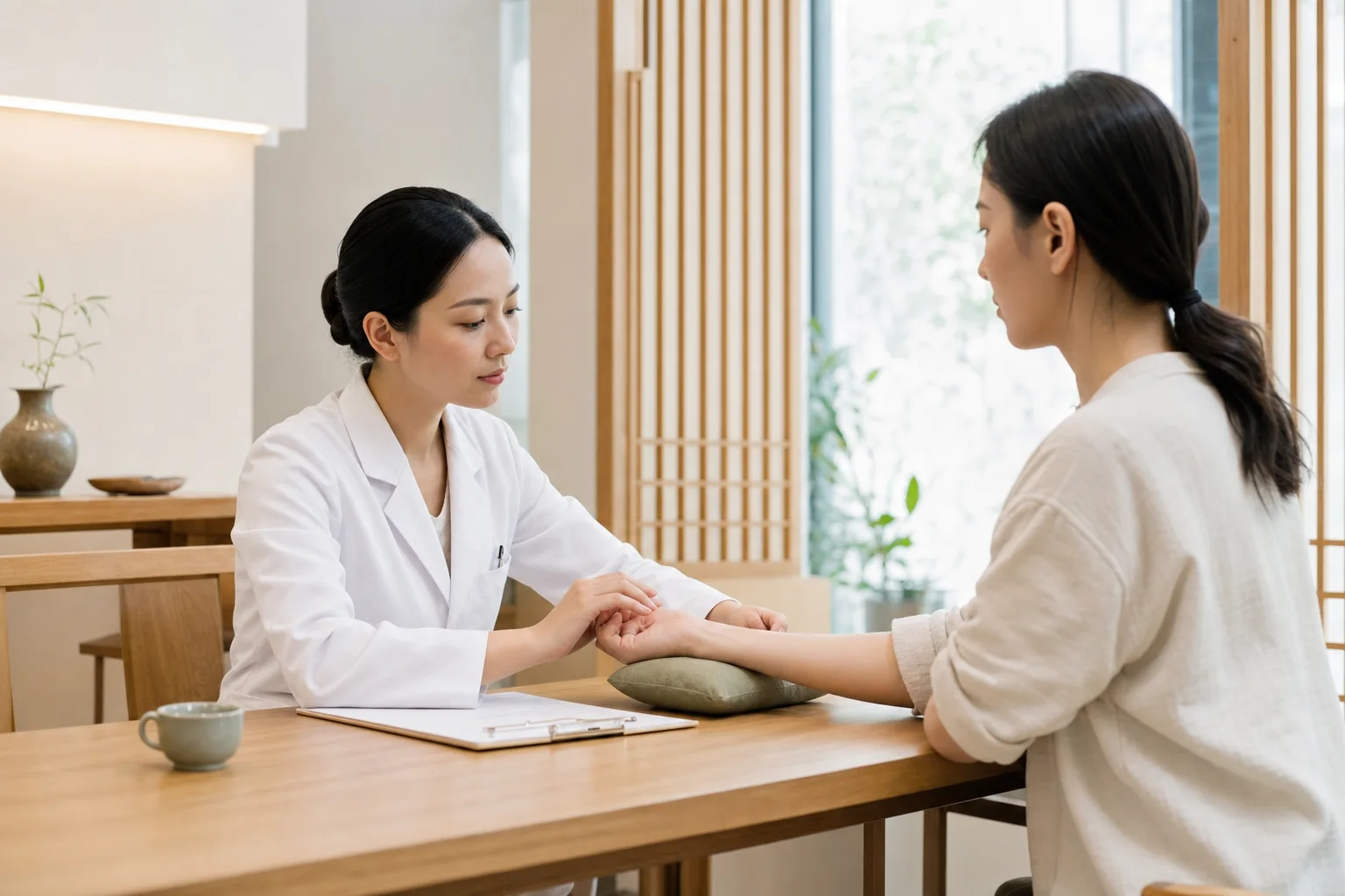 Profesional de medicina china tomando el pulso de una paciente en una consulta contemporánea luminosa