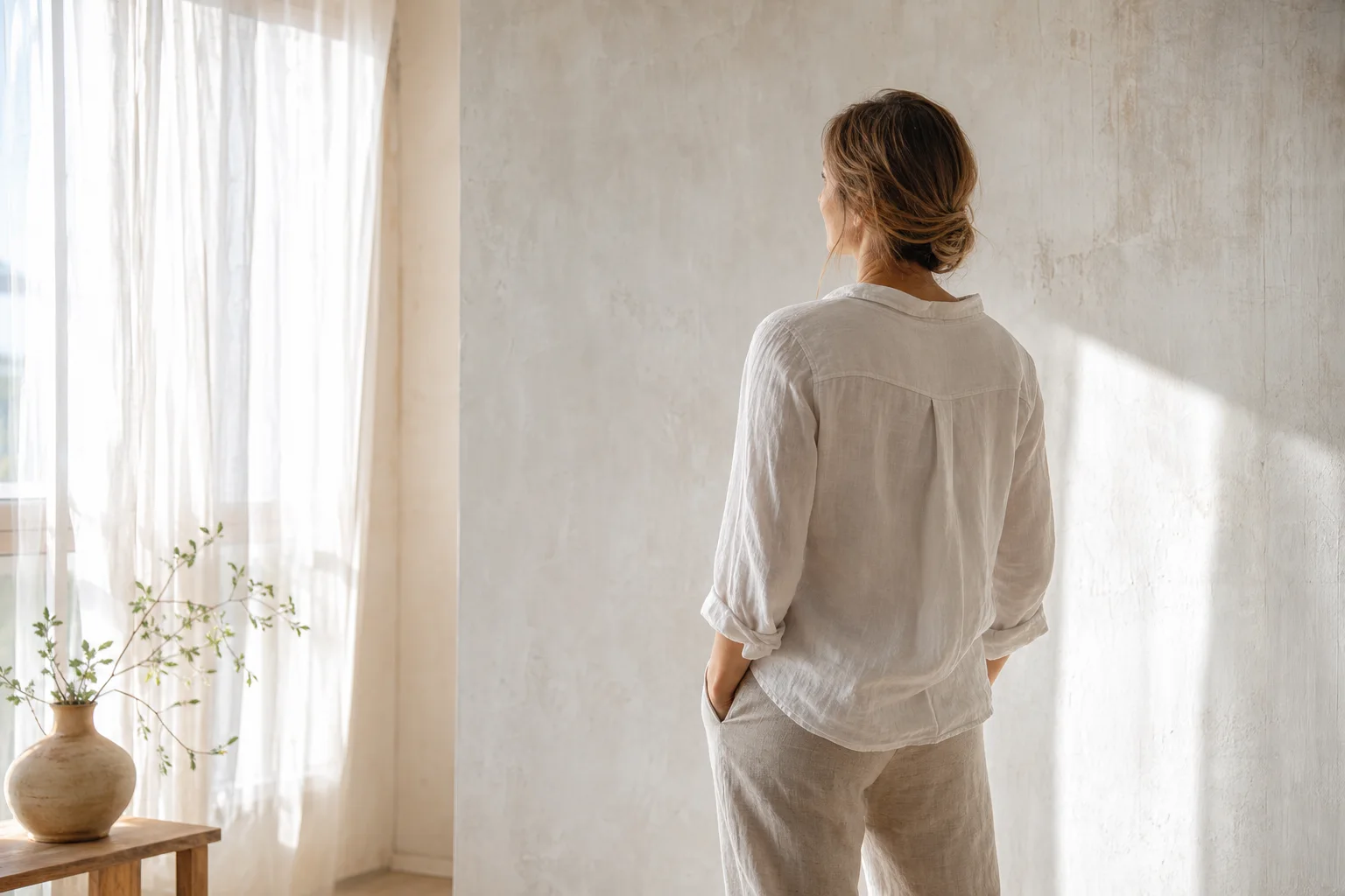 Figura contemplativa en una habitación luminosa con luz ambiental suave