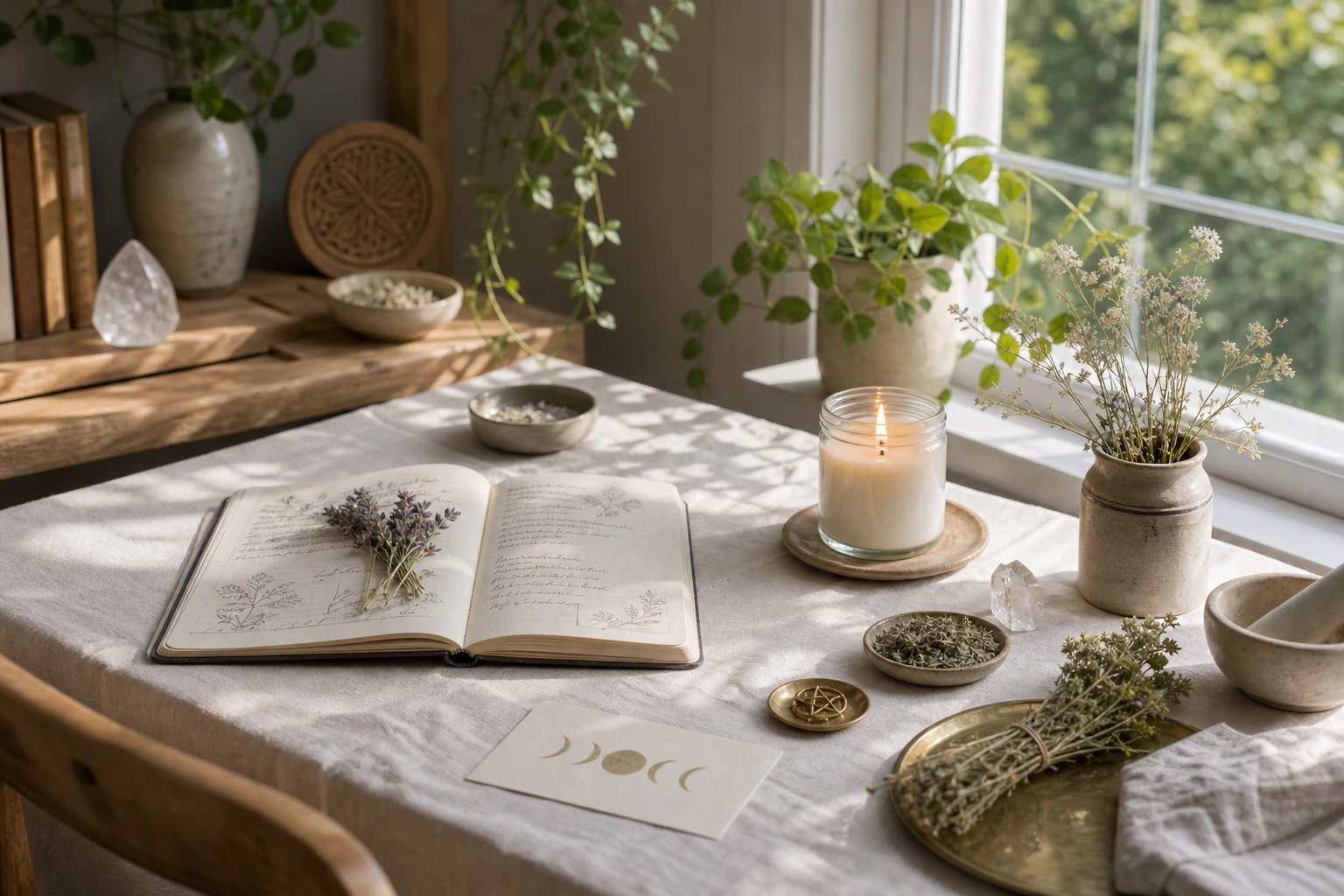 Altar luminoso con velas claras, hierbas, cuaderno ritual y símbolos lunares en una mesa junto a una ventana