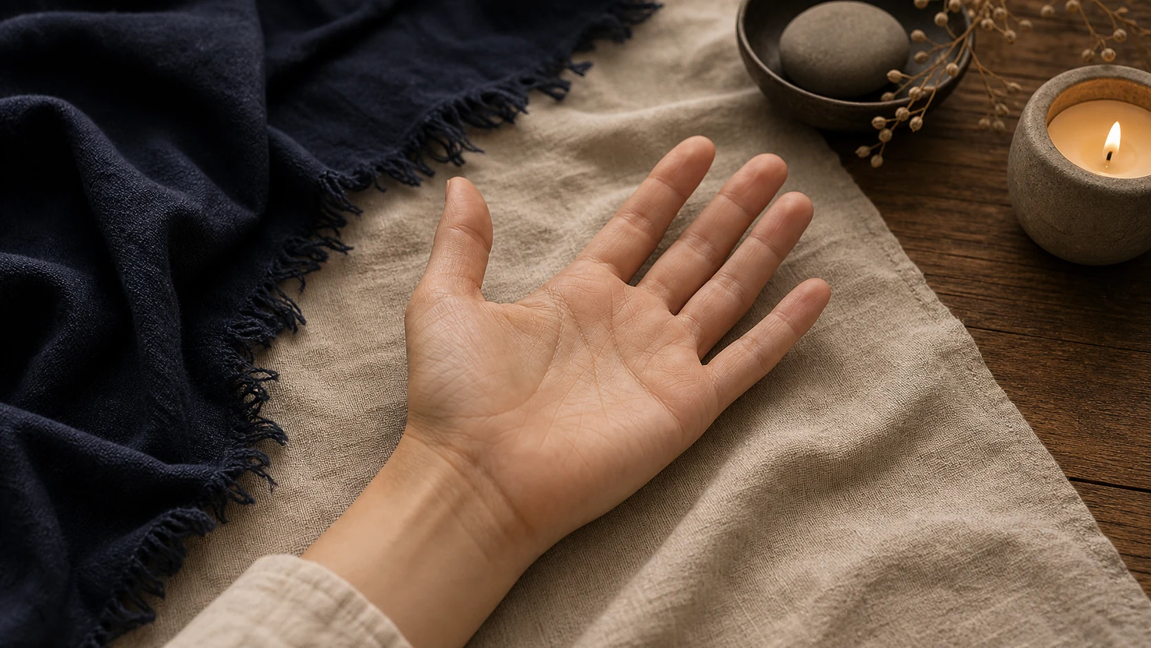 Mano abierta sobre tela clara con luz suave e índigo, en una composición sobria