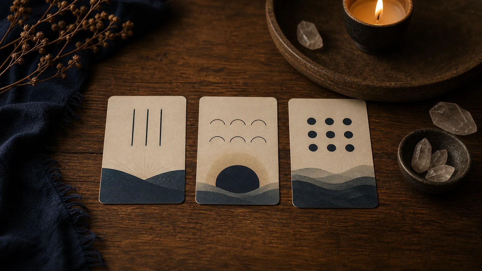 Tres tarjetas con patrones numéricos abstractos sobre una mesa con luz cálida e índigo