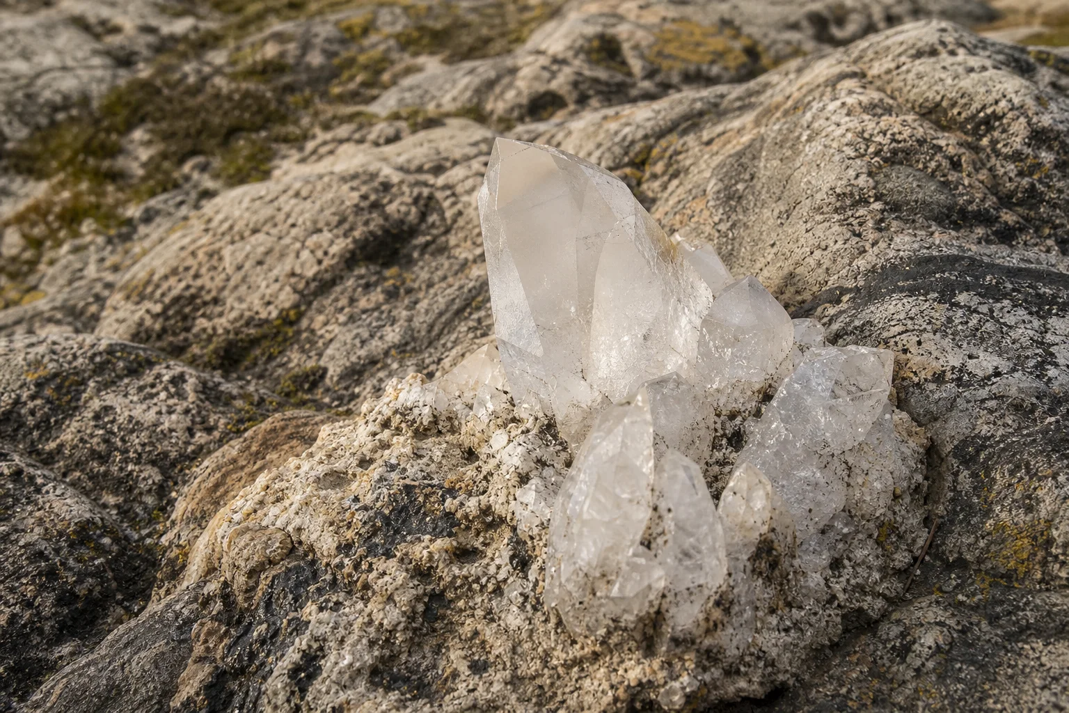 Cristales de cuarzo transparentes integrados en una matriz rocosa natural