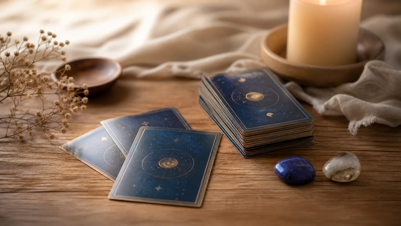 Mazo de cartas oraculares dispuesto junto a una vela y piedras sobre una mesa serena