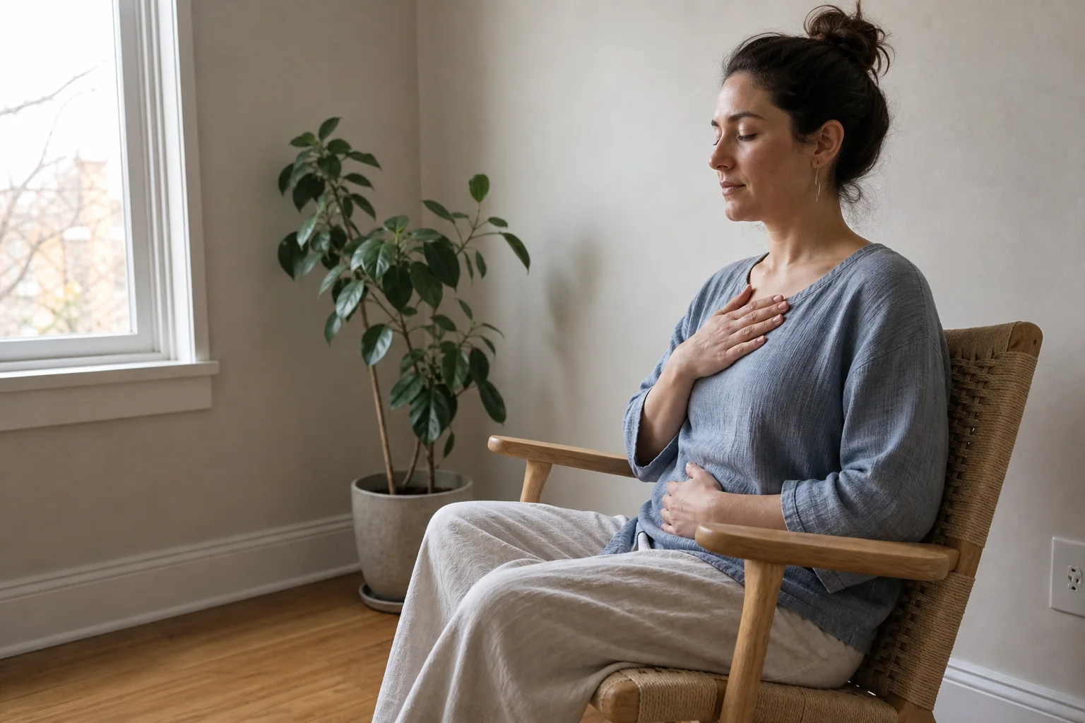 Persona practicando autotratamiento de Reiki en un ambiente doméstico luminoso