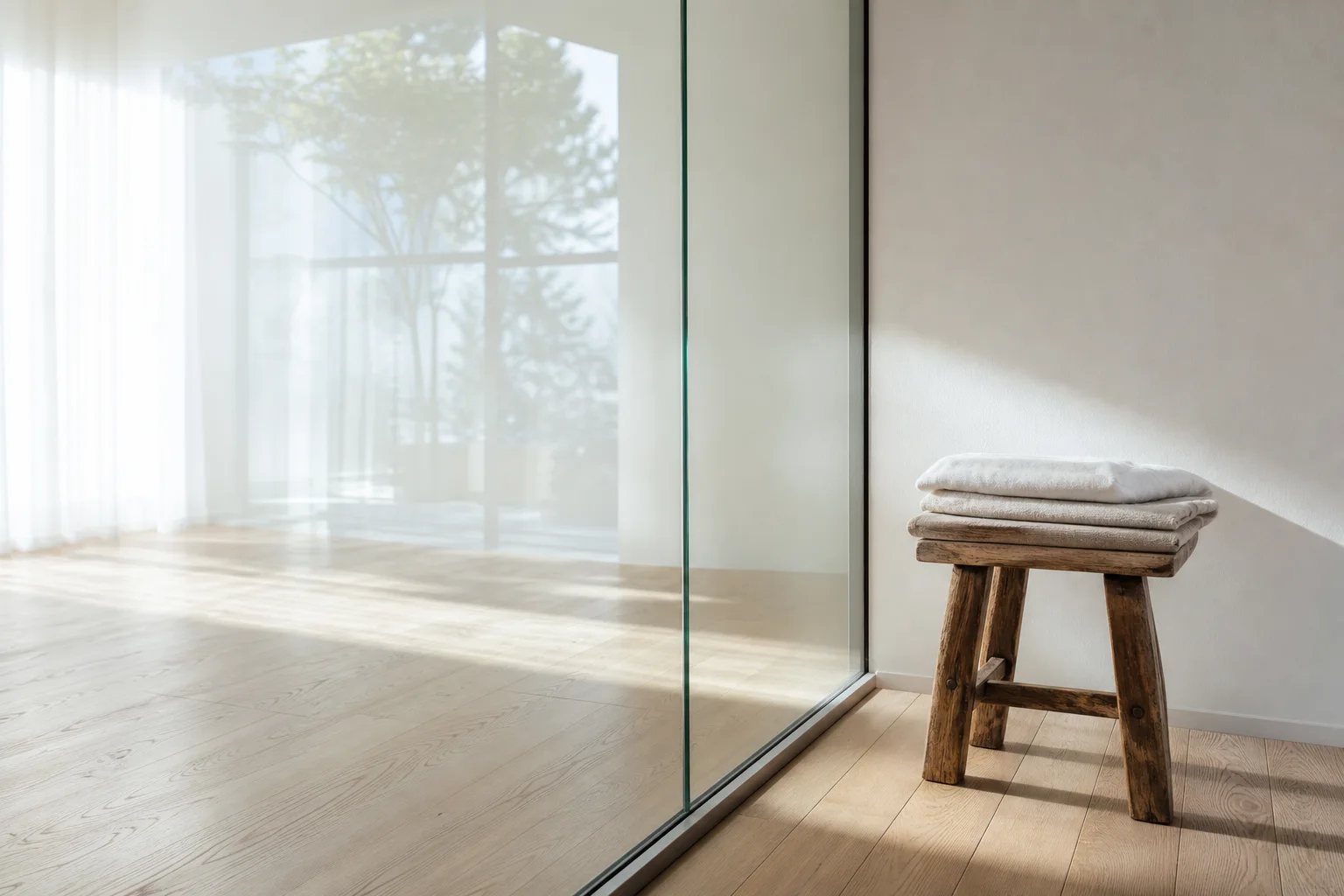 Espacio luminoso dividido por un reflejo que contrasta expectativas y práctica cotidiana de Reiki