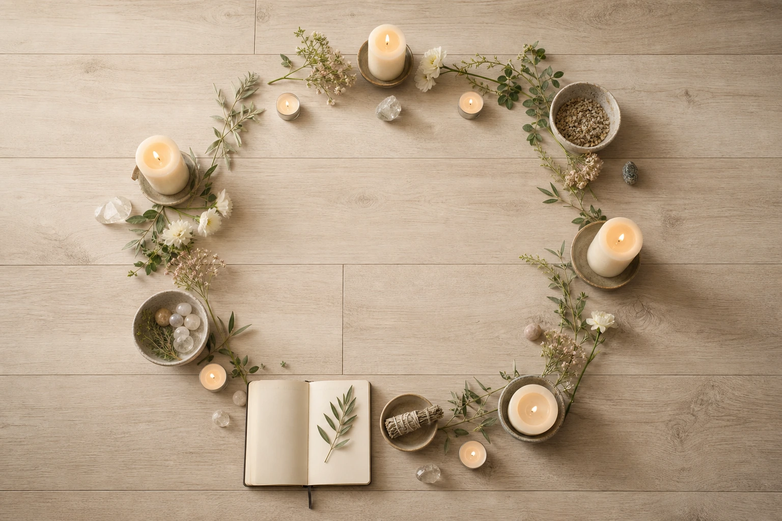 Círculo ritual sobrio con velas claras, flores, cuenco y cuaderno sobre suelo de madera iluminado por luz suave
