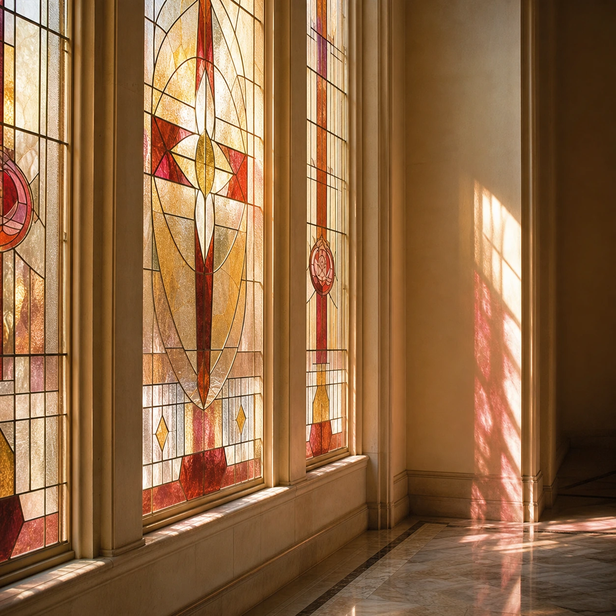 Vitral luminoso con tonos dorados y rojos suaves, inspirado en un espacio de contemplación espiritual