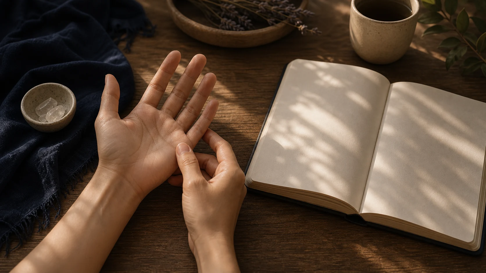 Manos relajadas junto a un cuaderno y luz suave, evocando una lectura de cambio personal
