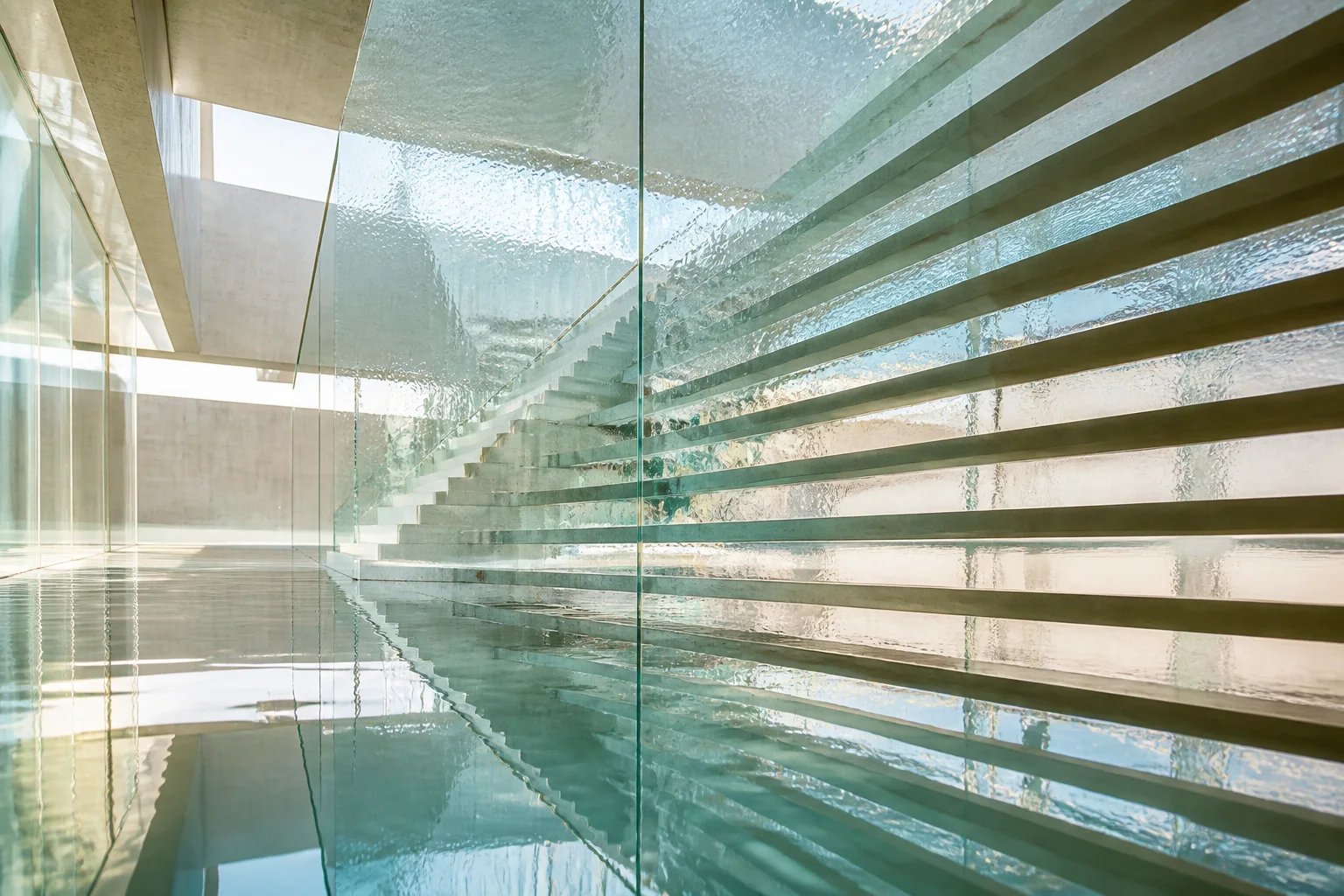 Escalera contemporánea reflejada en agua y vidrio ondulado como metáfora de vibración y cambio de perspectiva