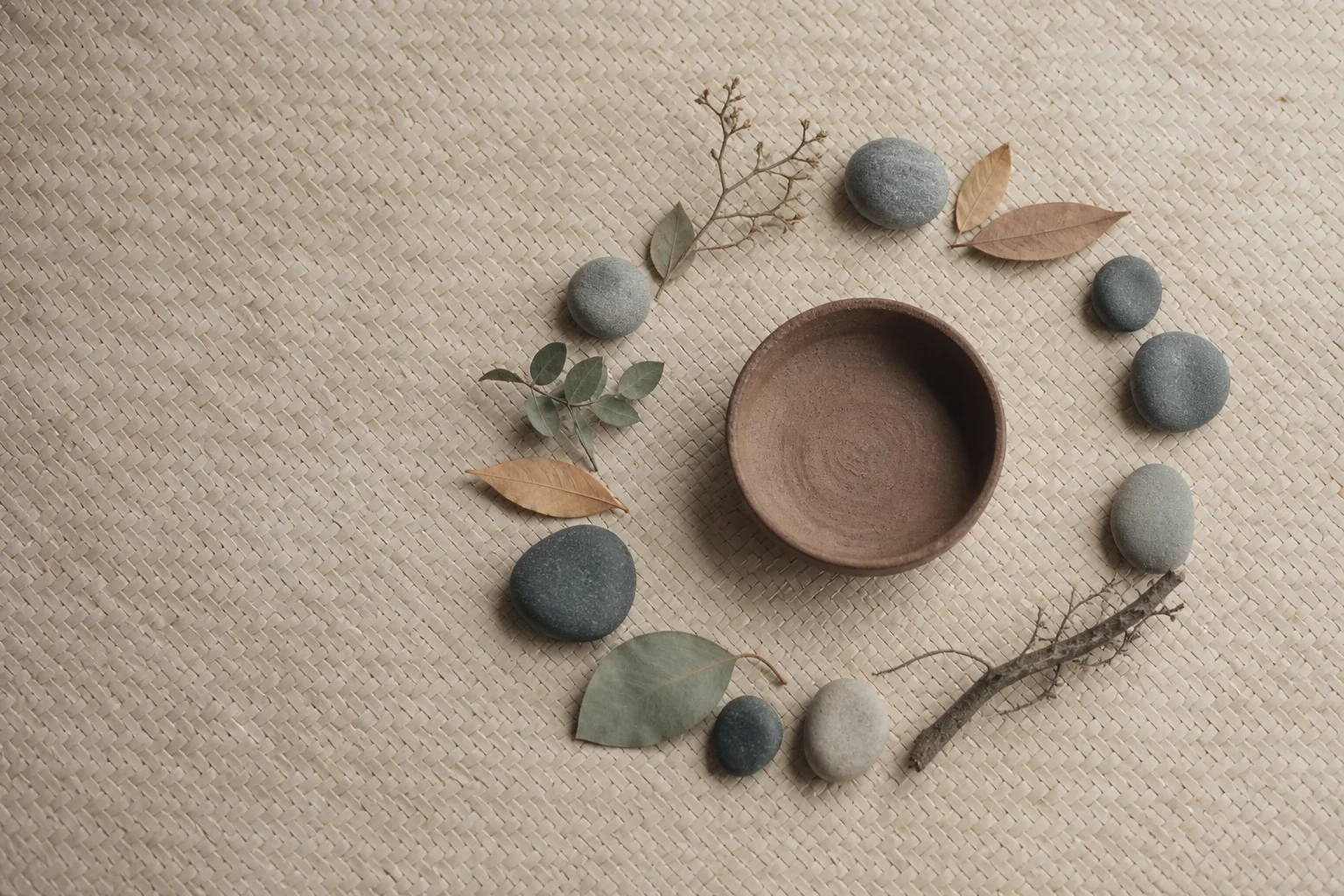 Composición cenital de piedras, hojas, rama y cuenco de arcilla sobre fibra natural