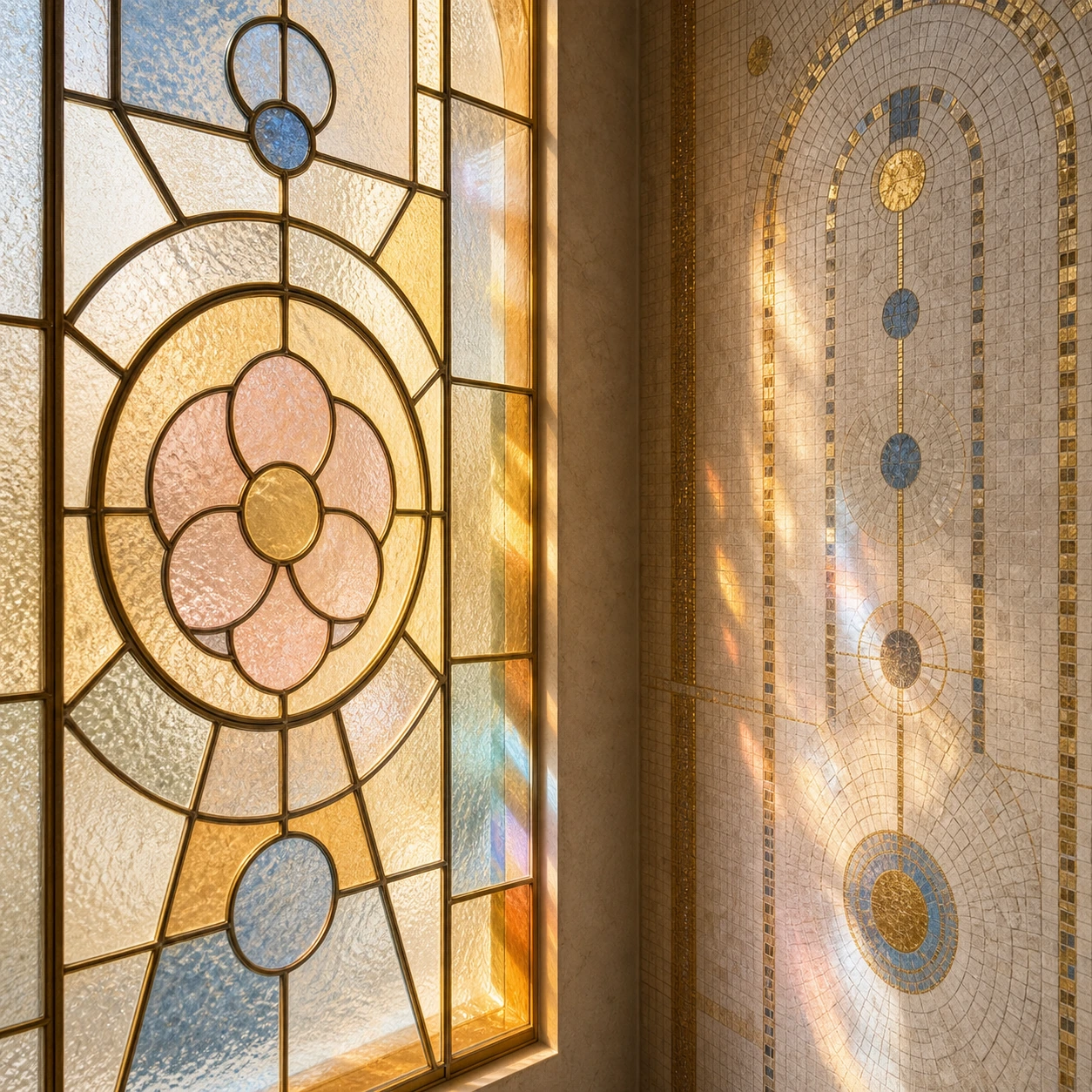 Vitral luminoso y mosaico simbólico sin texto, con formas geométricas sobrias y luz cálida