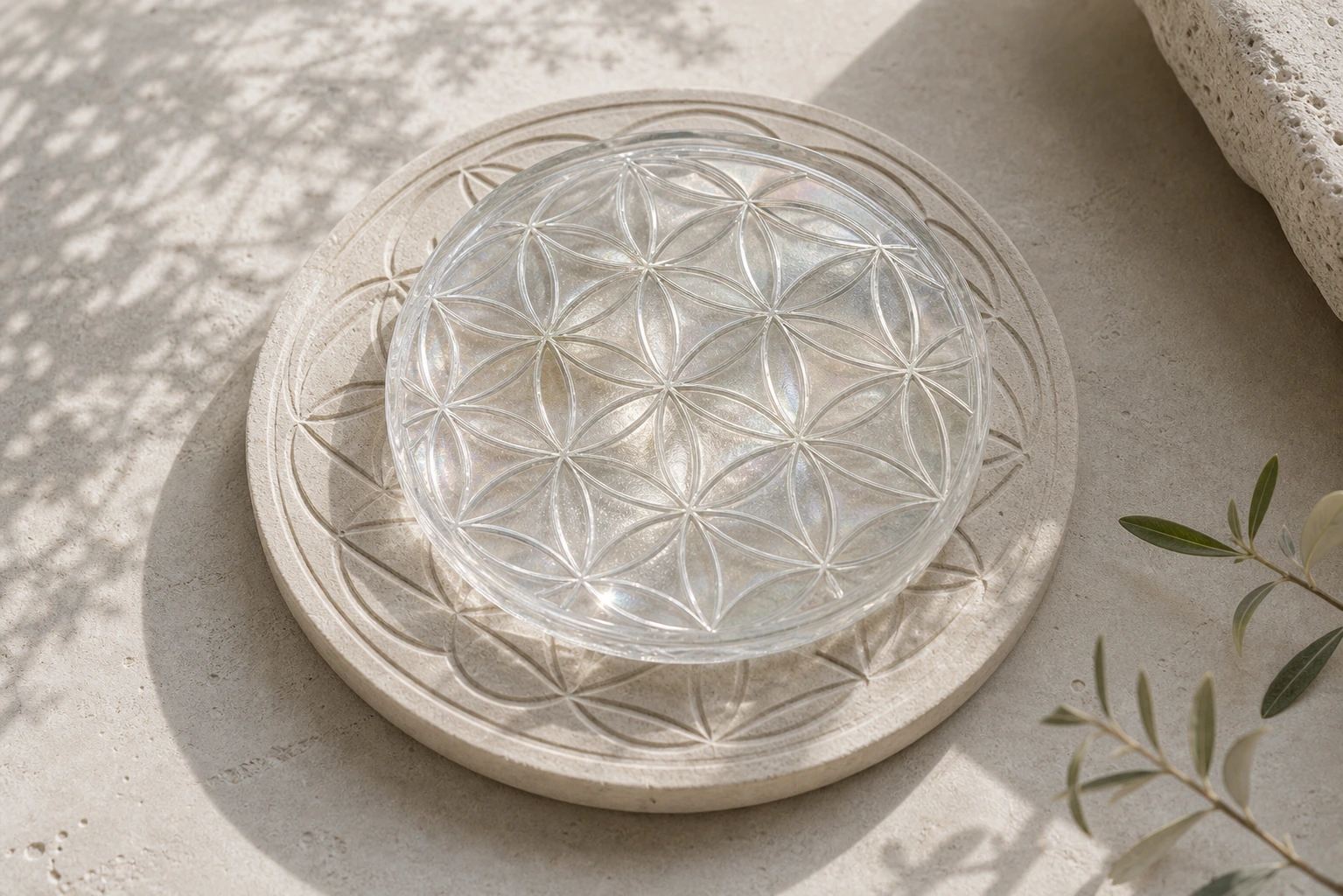 Geometría espiritual con rosa, luz y simetría sobre fondo claro, elegante y sobrio