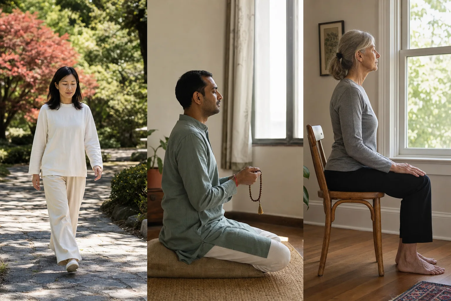 Tríptico editorial con meditación caminando, práctica con mala y atención sentada en una silla
