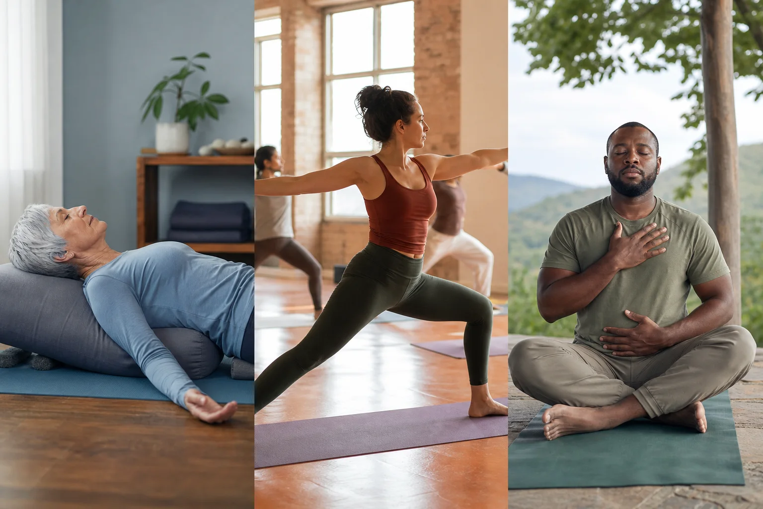 Tres practicantes representando yoga restaurativo, práctica dinámica y atención respiratoria