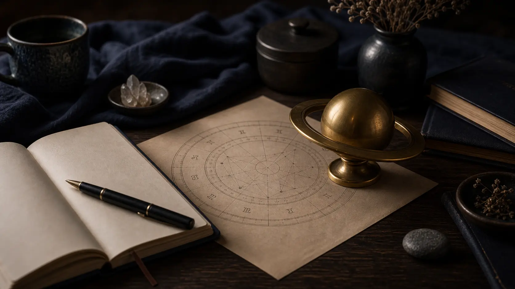 Carta astral con reloj astronómico y luz suave sobre mesa oscura