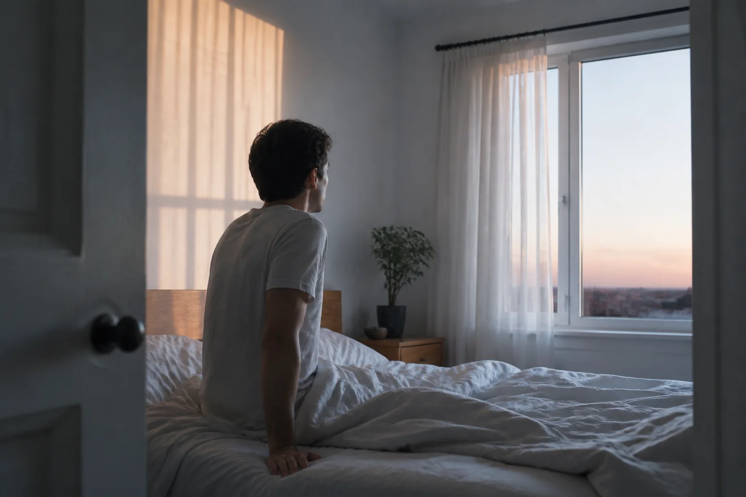 Persona sentada en la cama al amanecer entre sombras suaves y la luz clara de una ventana