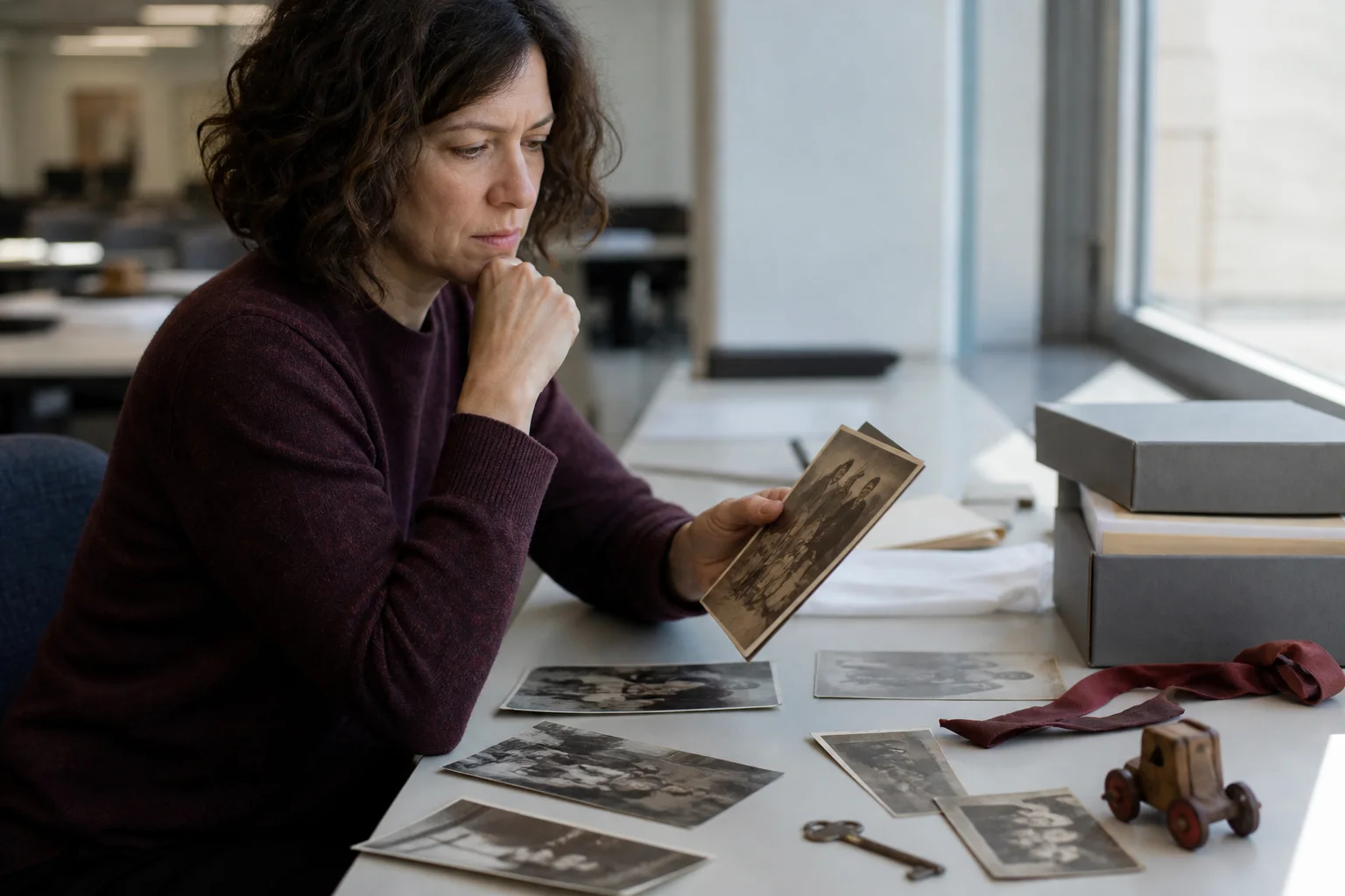 Mujer observando fotografías antiguas, una llave y un juguete en un archivo contemporáneo iluminado