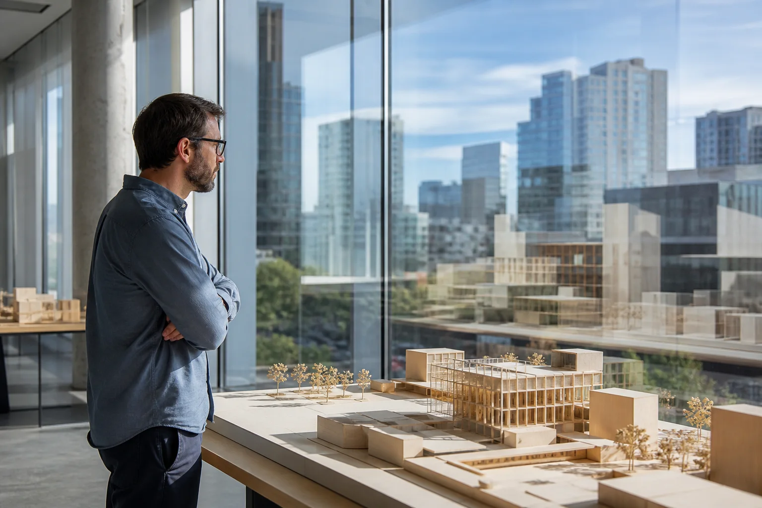 Arquitecta observando una maqueta luminosa entre reflejos de vidrio y formas geométricas
